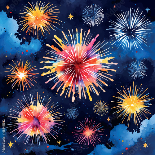 Vibrant Watercolor Fireworks Display Illustration. Explosive Color Bursts Against Deep Blue Night Sky Creating a Festive Celebration Scene.