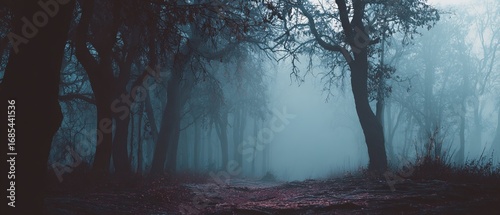 haunted forest banner, foggy background, creepy shadows, mystic foggy forest landscape with trees, spooky dark woodland in mist