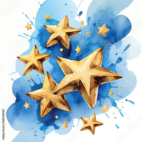 Watercolor five star rating with gold stars. Blue watercolor splashes in handpainted artistic style. Perfect for customer review and feedback designs.