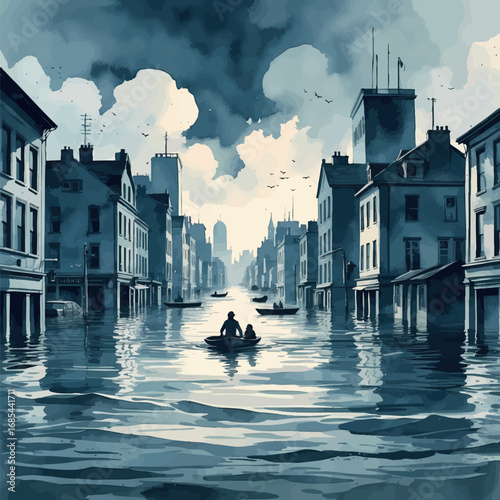 Watercolor flooded city with submerged buildings and evacuees in boats