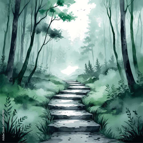 Watercolor misty forest trail with footsteps, mysterious adventure journey