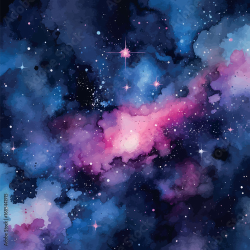 Cosmic Watercolor Galaxy with Nebula Effect. Deep Blue and Purple Space Atmosphere Illustration, Isolated on White