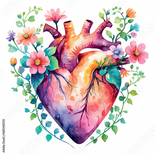 Watercolor heart blooming with flowers and vines, symbol of love, healing and emotional growth