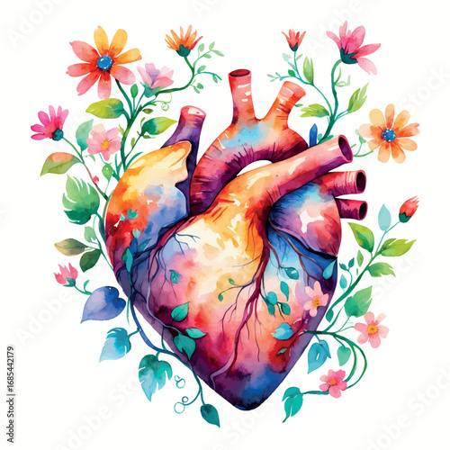 Watercolor heart blooming with flowers and vines, symbol of love, healing and emotional growth