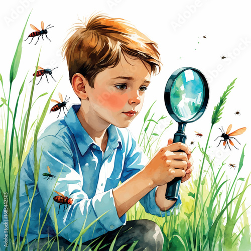 Watercolor curious boy studying insects in tall grass with magnifying glass