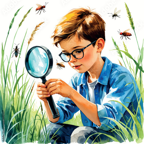 Watercolor curious boy studying insects in tall grass with magnifying glass