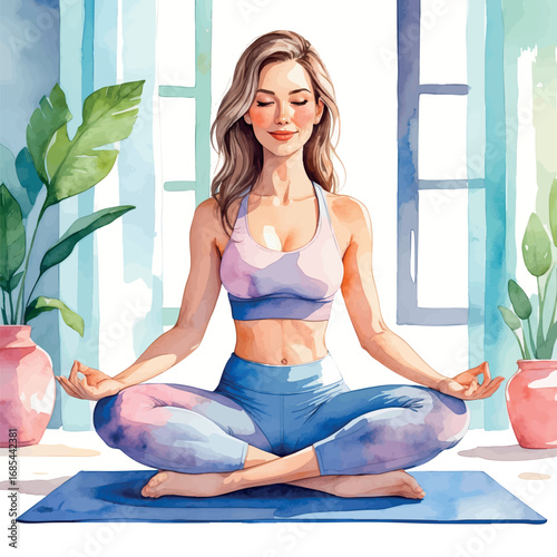 Watercolor illustration of confident woman in yoga pose, calm and focused, isolated on white