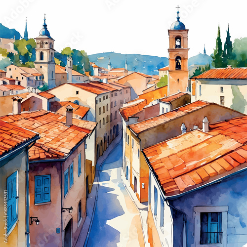 Watercolor vector illustration of old European town with church tower and tile roofs