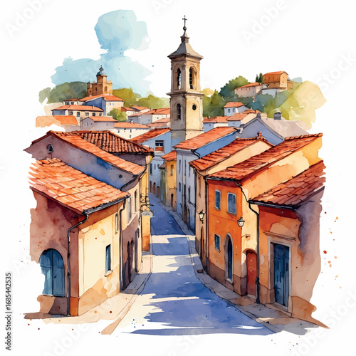 Watercolor vector illustration of old European town with church tower and tile roofs