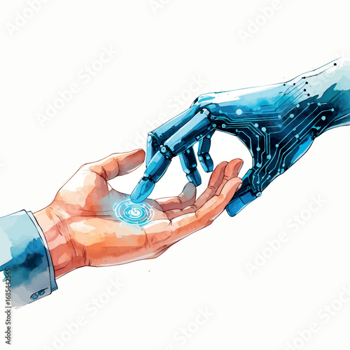 Human and AI Interaction Watercolor Illustration. Symbolic Digital Hand Touch Concept in Soft Gradients, Isolated on White
