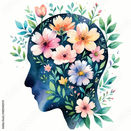 Watercolor human head with flowers inside symbolizing growth mindset and self-improvement