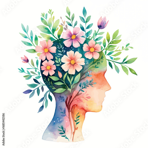 Watercolor human head with flowers inside symbolizing growth mindset and self-improvement