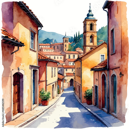 Watercolor vector illustration of old European town with church tower and tile roofs