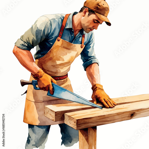 Watercolor male carpenter working with hand saw, skilled tradesman illustration