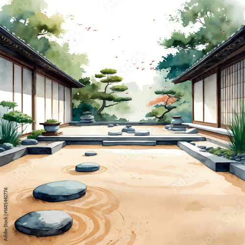 Japanese zen garden watercolor illustration. Soft earthy tones with raked sand patterns and minimalist stone arrangement. Tranquil meditative composition.