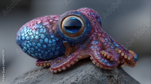 A stunning, colorful octopus sits perched upon a gray stone. Use for nature, science, or creative project visuals.