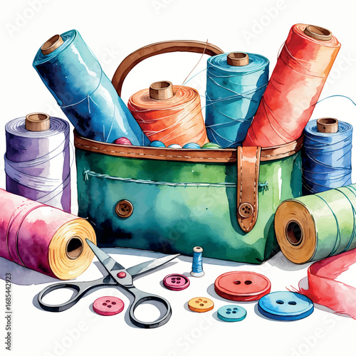 Watercolor sewing kit with fabric and buttons, vibrant handmade craft product isolated on white