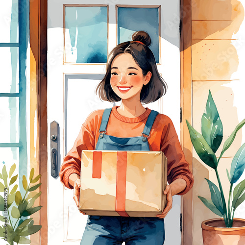 Watercolor happy customer receiving delivery package at home entrance