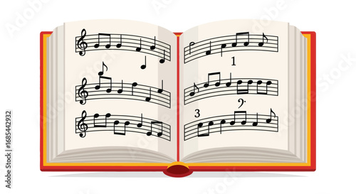 Open Music Book with Musical Notation Pages.