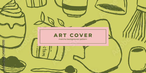 Vibrant matcha tea doodle pattern background. Hand drawn banner template with a fresh and healthy theme, suitable for a beverage company cover or website header.