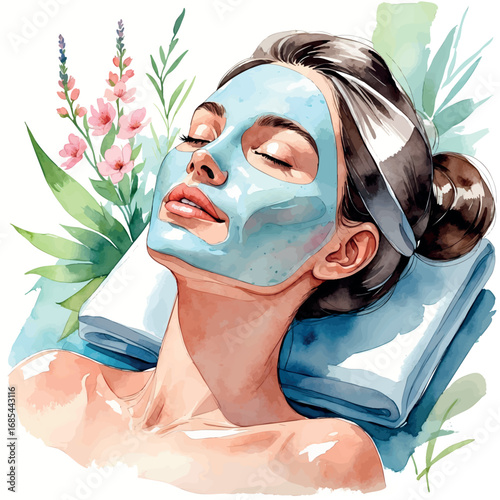 Watercolor vector of woman getting facial mask in soft pastel spa environment
