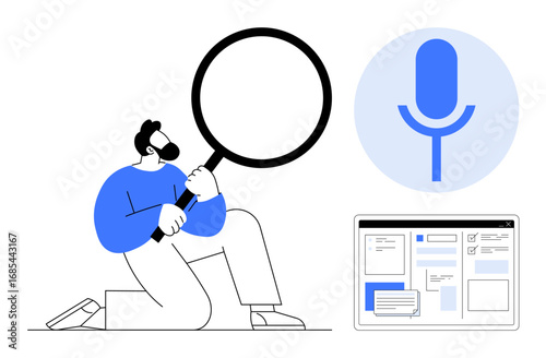 Person kneeling with magnifying glass, microphone icon, and interface design. Ideal for search, technology, AI, innovation, voice recognition problem-solving research visualization. Simple flat