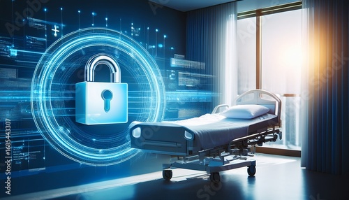 digital glowing lock and security symbols near a hospital bed with light trails emphasizing the protection of sensitive healthcare data and cybersecurity in the medical industry