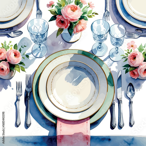 Elegant table setting watercolor illustration. Porcelain plates, crystal glasses and silverware in sophisticated dining arrangement with delicate brushwork.