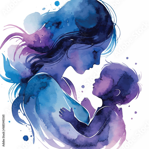 Mother and Child Silhouettes Watercolor Illustration. Warm Blue and Purple Hues Representing Emotional Connection and Parental Care.