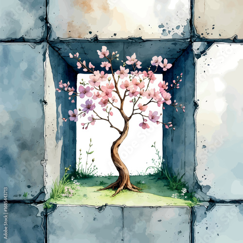 Tree Growing Through Concrete in Watercolor - Metaphor for Persistent Creativity
