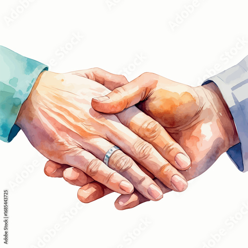 Intergenerational connection depicted through watercolor hands. Young and elderly hands gently holding each other, symbolizing care and support.