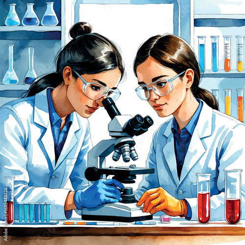 Watercolor scientists collaborating in lab with microscope and test tubes, teamwork scene