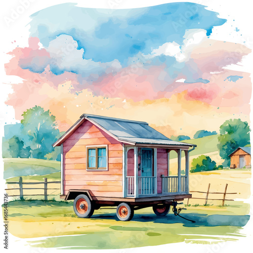 Watercolor tiny house on wheels in countryside, pastel isolated illustration