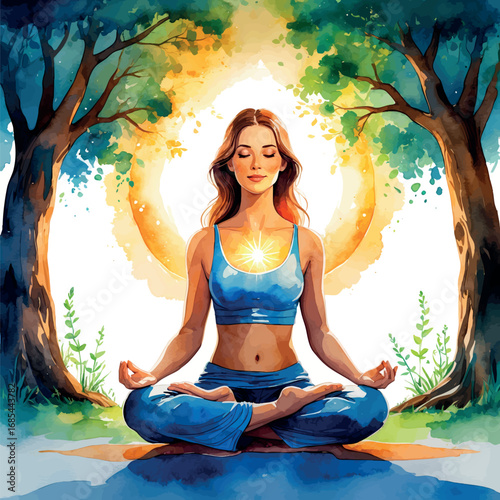 Watercolor meditation under tree symbolizing inner growth and balance