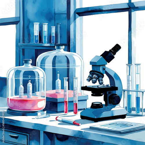 Watercolor IVF laboratory scene with equipment and tools, modern fertility lab vector