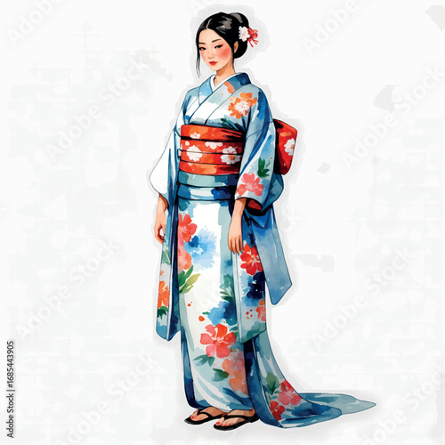 Watercolor Japanese kimono with floral print, traditional dress vector illustration