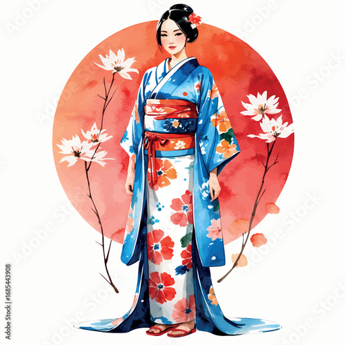 Watercolor Japanese kimono with floral print, traditional dress vector illustration