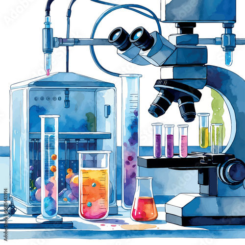 Watercolor IVF laboratory scene with equipment and tools, modern fertility lab vector