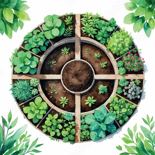 Keyhole Garden Design Watercolor. Circular Raised Bed with Compost Center, Permaculture Space-Efficient Growing Method Illustration