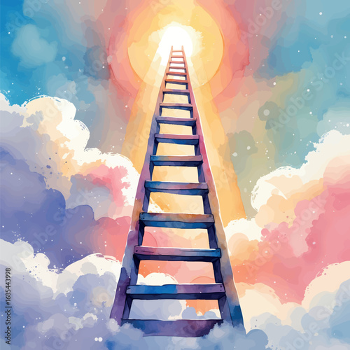 Watercolor glowing ladder into clouds symbolizing ambition and purpose