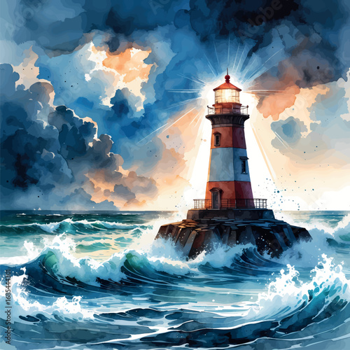 Lighthouse in Storm Watercolor - Symbol of Guidance and Artistic Perseverance