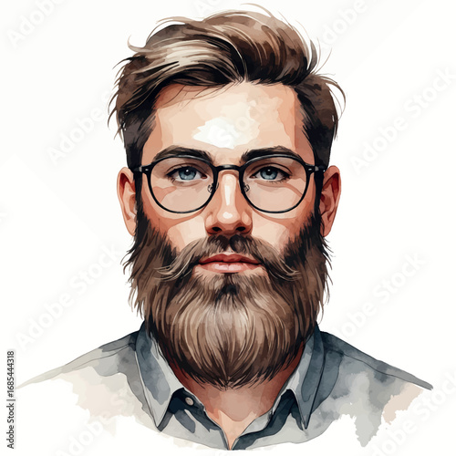 Watercolor avatar of bearded man with glasses in neutral tones, isolated on white vector