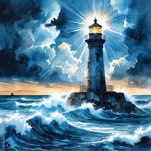 Lighthouse in Storm Watercolor - Symbol of Guidance and Artistic Perseverance