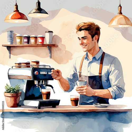 Watercolor man ordering coffee from friendly barista at cozy cafe counter