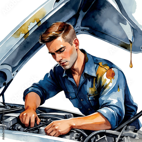 Watercolor male auto mechanic checking engine, hands-on skilled labor illustration