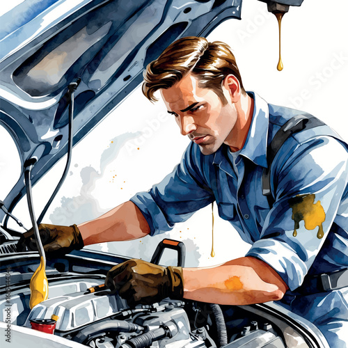 Watercolor male auto mechanic checking engine, hands-on skilled labor illustration