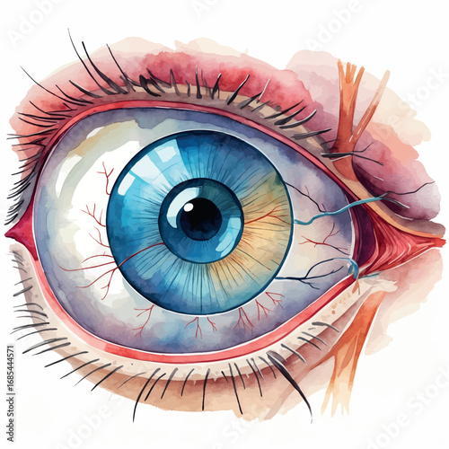 Watercolor eye anatomy chart showing parts like retina, iris, lens and optic nerve, scientific illustration