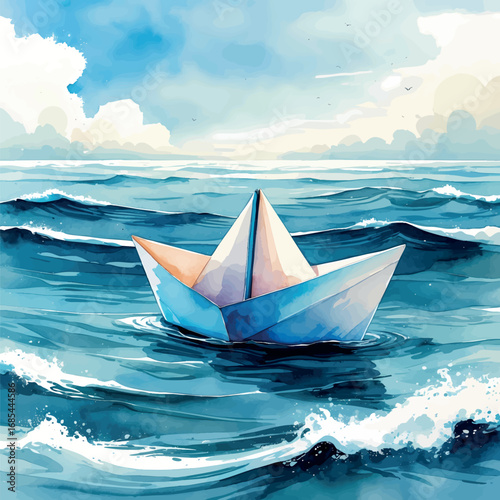 Watercolor paper boat on ocean symbolizing freedom and emotional release