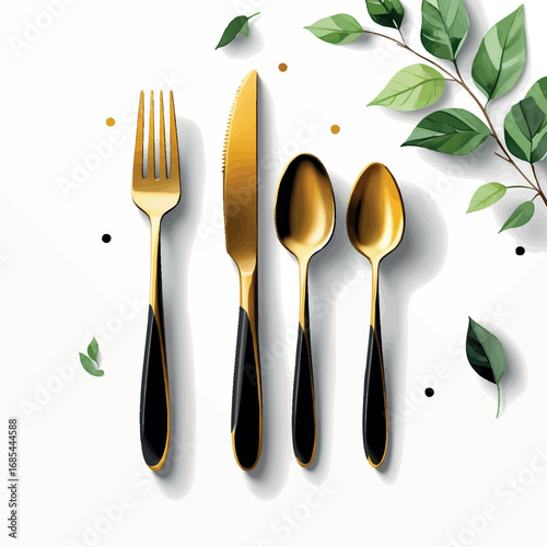 Watercolor gold and black modern cutlery set, minimalist fork knife and spoon
