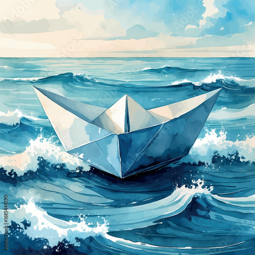 Watercolor paper boat on ocean symbolizing freedom and emotional release